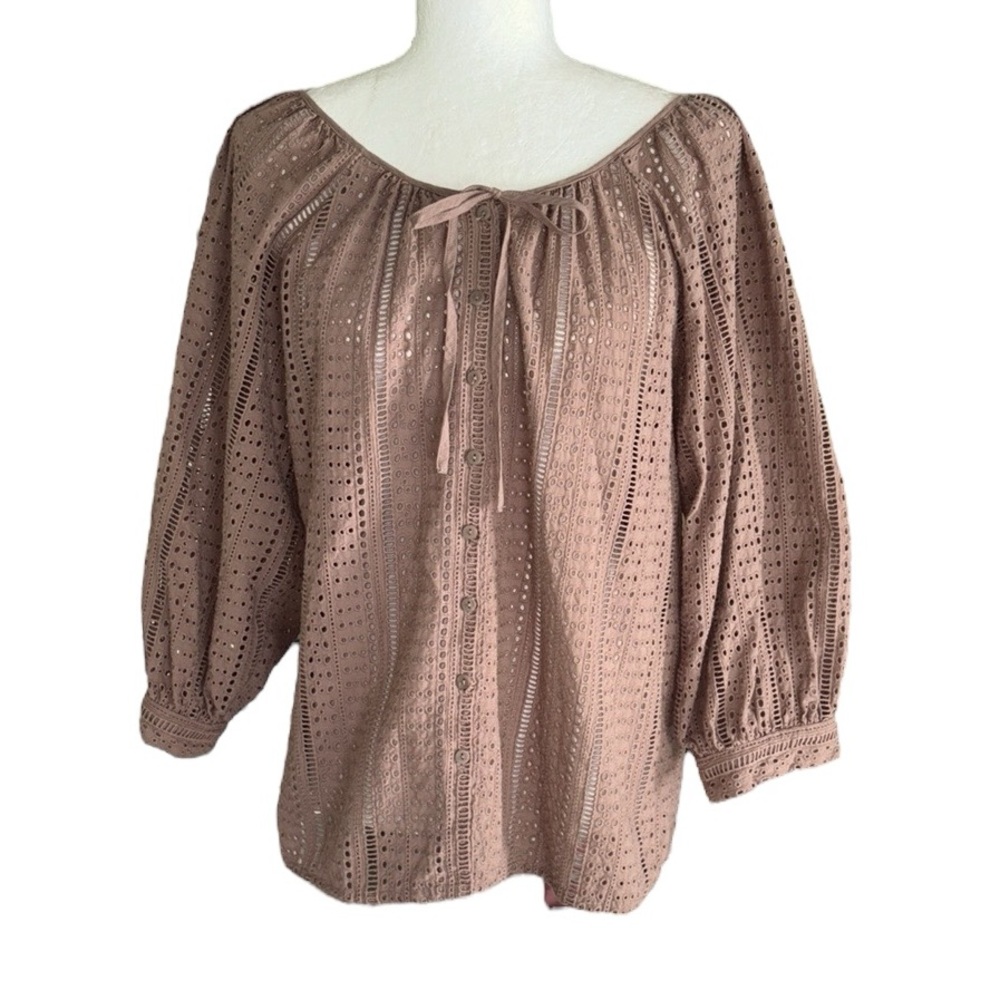 JOIE Mocha Brown Eyelet Crochet Tie Neck 3/4 Puff Sleeve Top - M